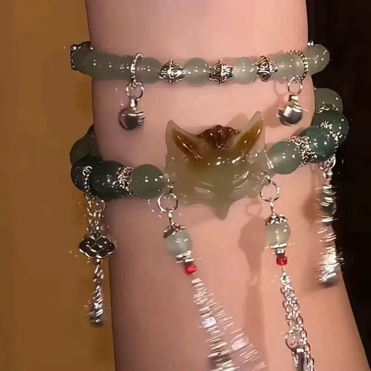 锌合金玻璃手链 新中式狐狸流苏手链民族风串珠手串狐狸面具吊坠