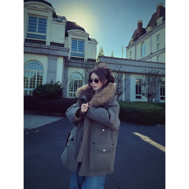 R-HER【连帽派克】冬季连帽宽松中长款原色羽绒派克服RC25100304