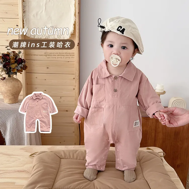 春秋衣服婴幼儿秋季粉色男女宝工装风外出服韩版帅气连体衣爬服潮