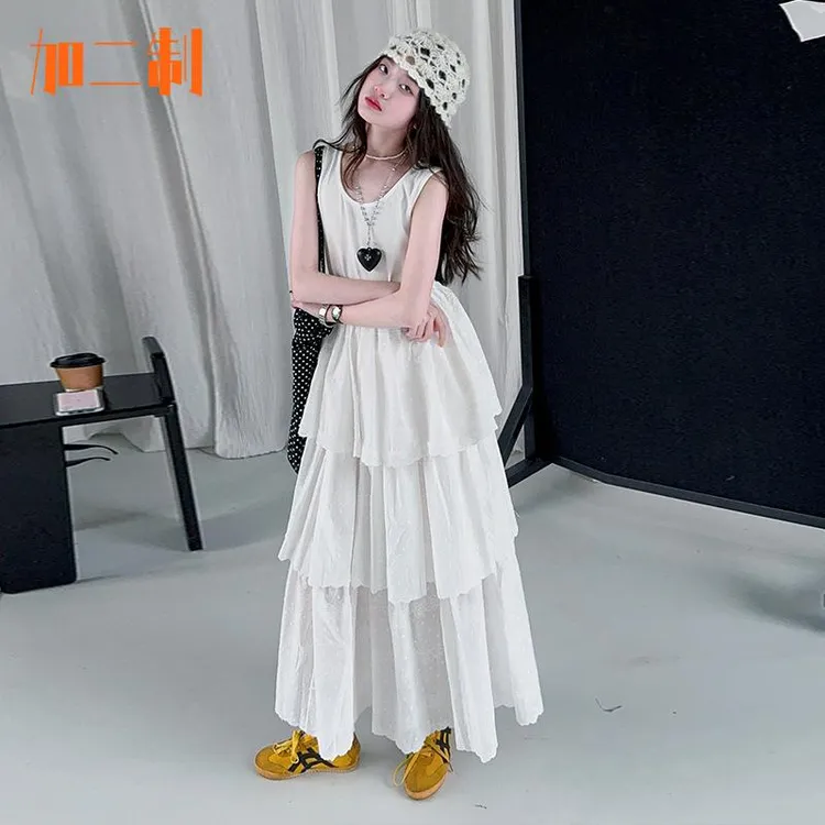 加二制轻奢童装童夏新款洋气无袖长裙抽绳收腰薄6-12岁女童牛仔裤