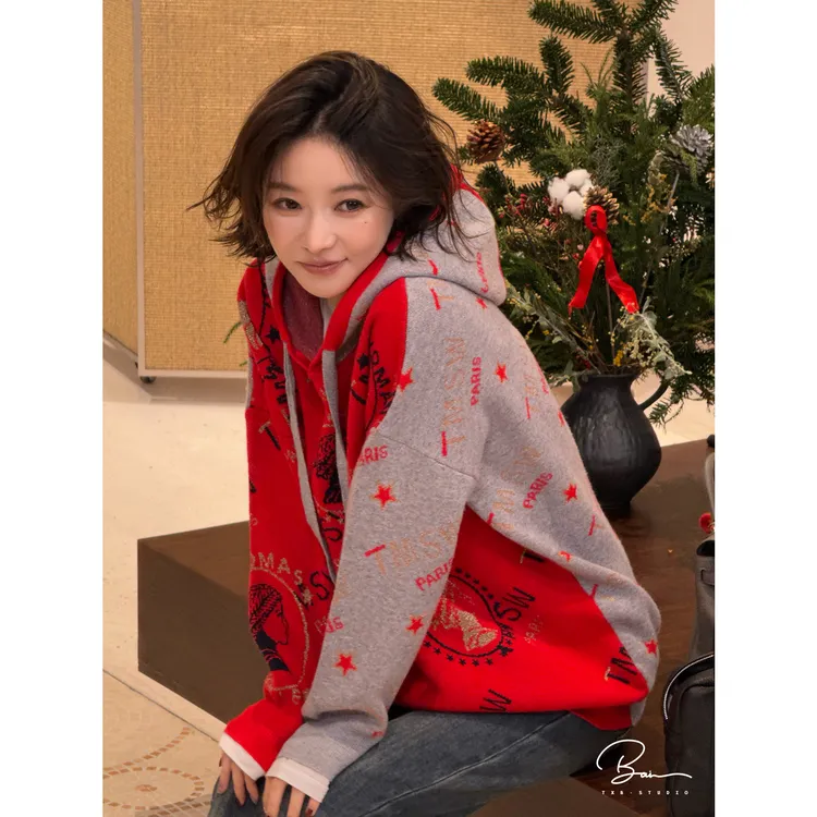 TXB “S+伊丽莎白”定纺羊毛羊绒字母进口金线连帽针织衫XB-8025