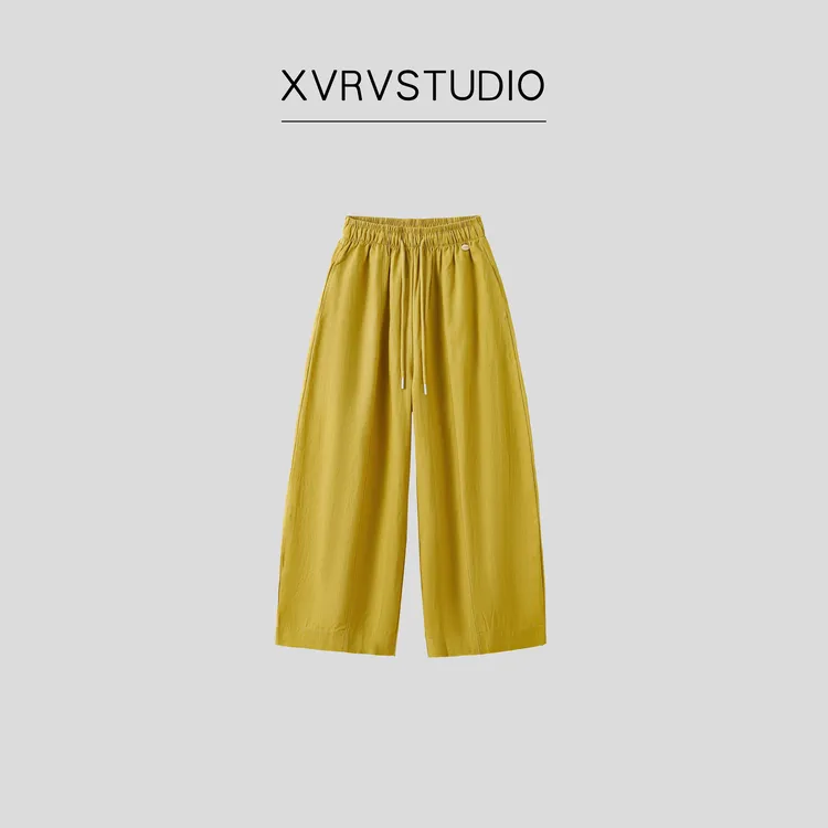 XVRV【夏上新】黄色亚麻八分裤薄款运动阔腿裤垂感遮肉休闲裤