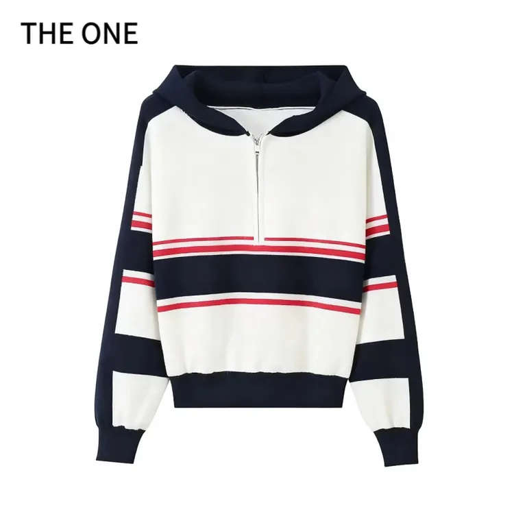 连帽针织衫男女同款秋冬新款加厚条纹半拉链设计感宽松外穿毛衣