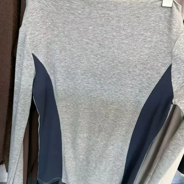 模特自留秋季新款 腰部拼色灰色一字领舒服长袖T恤女