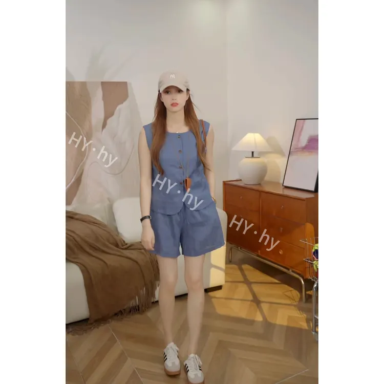 盐系轻熟女3211无袖马甲百搭休闲亚麻阔腿短裤两件套时尚套装