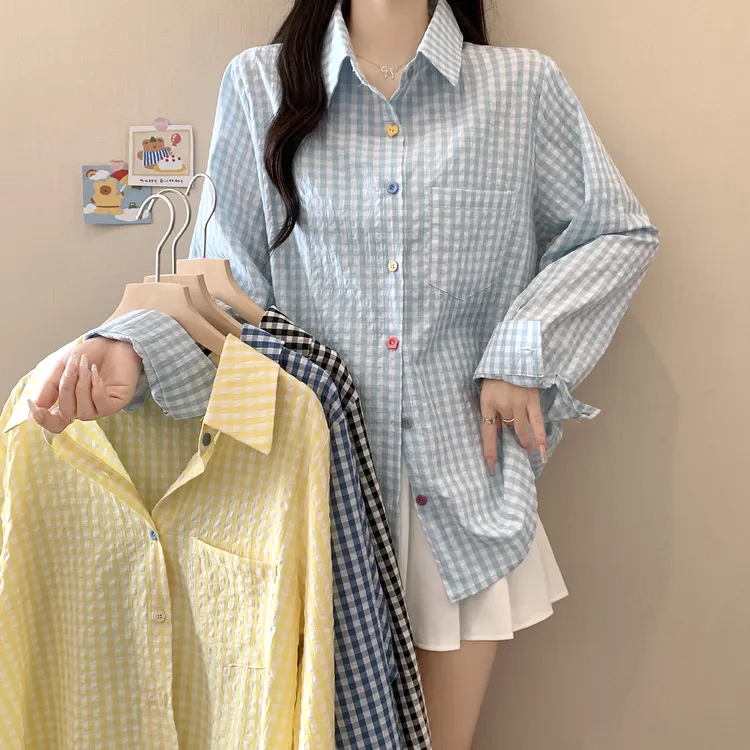 2025春夏新款大码女装格纹长袖防晒衬衫外套3151