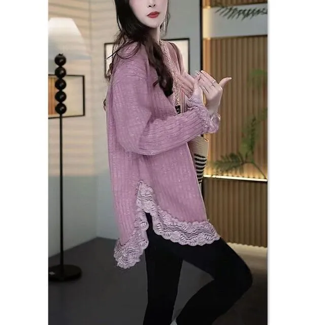 蕾丝边设计冬季加绒加厚宽松显瘦大版中长款卫衣休闲长袖上衣女