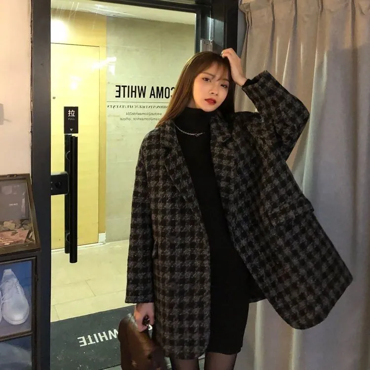 秋冬季新款宽松夹棉加厚保暖千鸟格中长款呢子大衣毛呢西装外套女