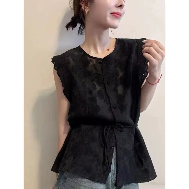 自留款无D推荐~黑色圆领系带无袖衬衫女夏季欧货女装时尚洋气小衫