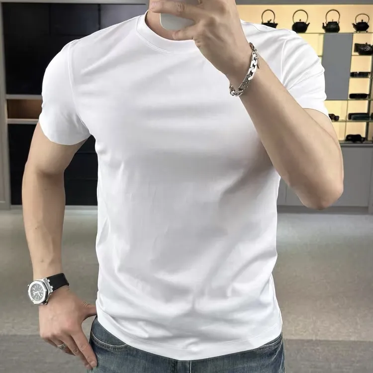 夏季高级感圆领男士短袖T恤纯色修身丝滑中青年半袖男女同款体恤