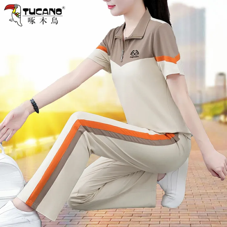 啄木鸟妈妈夏装运动服套装两件套2025新款中年女夏季短袖T恤上衣