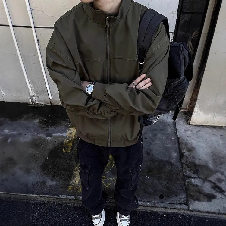 美式教练夹克男春秋户外机能三防宽松冲锋衣立领飞行工装外套