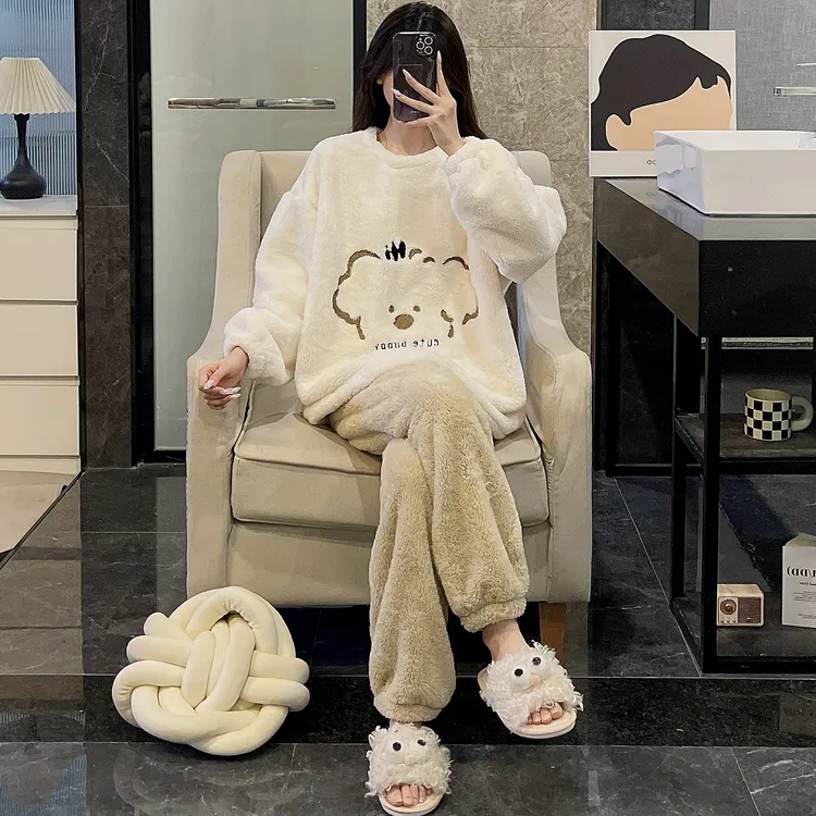 睡衣女秋冬季珊瑚绒2025新款大码加厚可外穿长毛绒小狗家居服套装