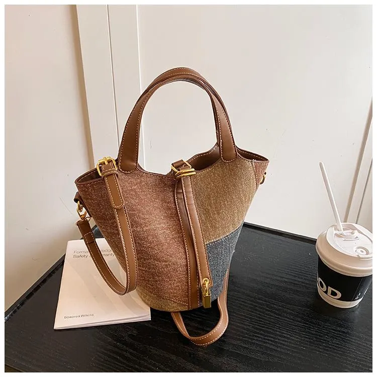 法式轻奢小众复古拼接手提包女2025潮新款撞色菜篮子水桶包斜挎包