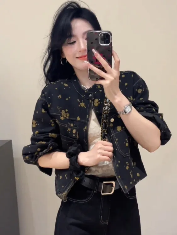 设计感小众印花立领短款牛仔外套女秋季新款时尚休闲小个子夹克潮