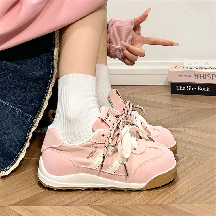 人本粉色德训鞋女2025秋季新款百搭小白鞋女厚底运动休闲板鞋学生