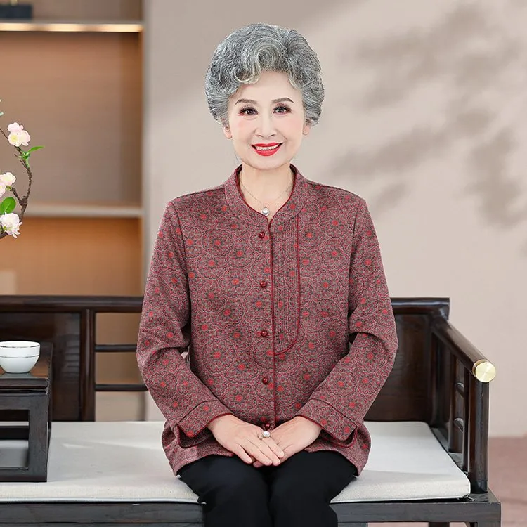 中老年人秋装衬衫女妈妈洋气上衣老太太70岁奶奶春秋长袖衬衣外套