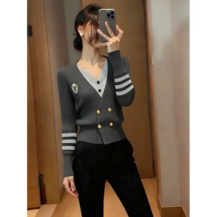 2025新款韩版宽松休闲百搭小香风长袖灰色打底针织衫女毛衣上衣冬