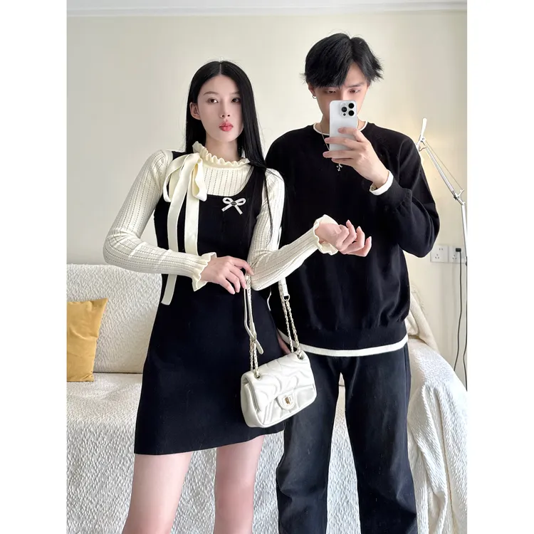 法式情侣装秋冬小香气质风连衣裙2025新款黑色假两件男女一裙一衣