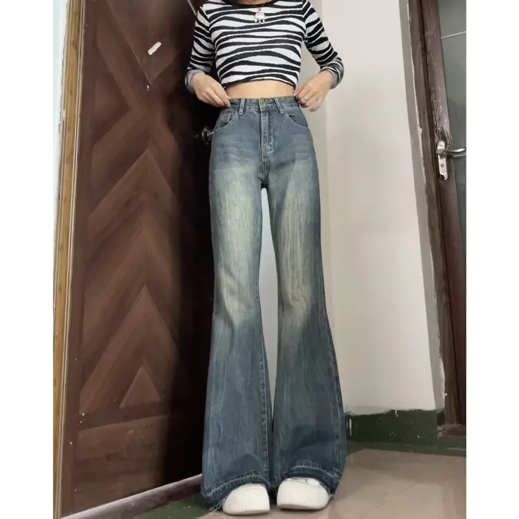 2024爆款美式复古牛仔裤女高腰秋新款做旧直筒阔腿喇叭裤