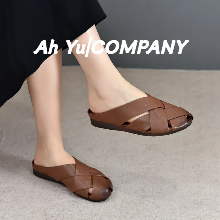 手工真皮复古拖鞋女外穿25夏新凉拖平底包头拖交叉编织软底一脚蹬