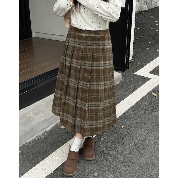 大码胖mm绝美巨好看的百褶裙子秋冬季女装加厚显瘦格纹毛呢半身裙