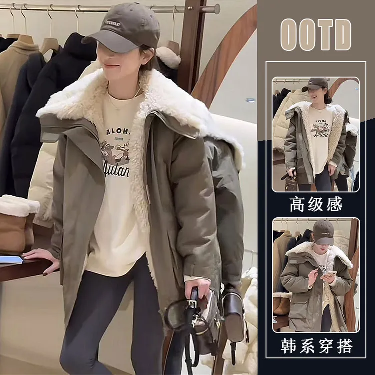 韩版时尚大翻领拼接羊羔绒加厚派克服外套女2024冬季新款保暖棉衣