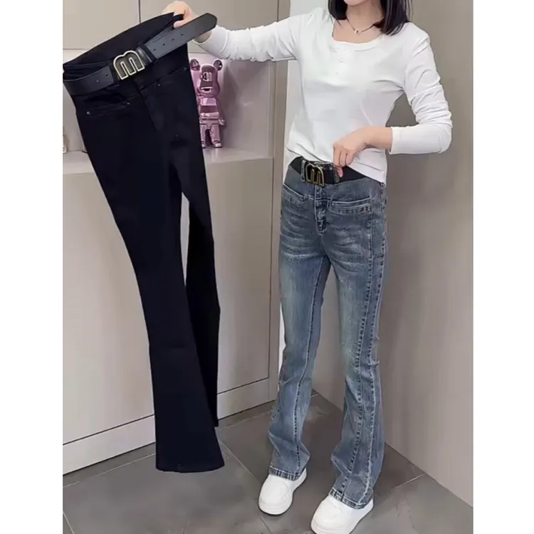 2025年春季新款大码微喇牛仔裤女梨型身材穿搭小个子显瘦直筒长裤