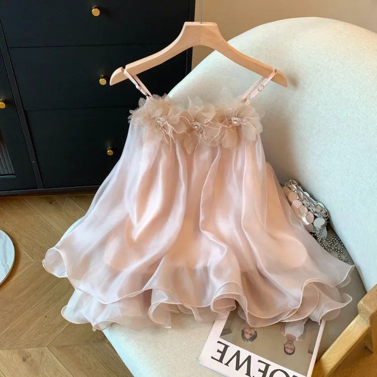 法式温柔风纯欲性感露肩吊带雪纺衫立体花朵超仙气中长款上衣女夏