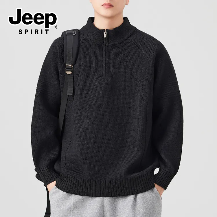 JEEP吉普秋冬美式半高领拉链毛衣男解构套头打底设计感休闲针织衫