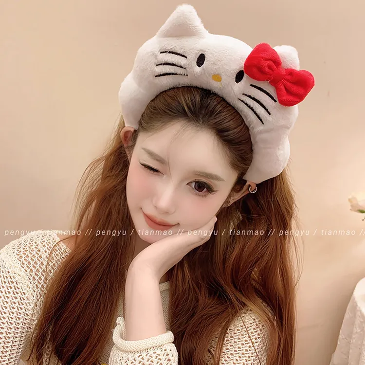2025新款可爱粉色KT猫耳朵毛绒发箍女宽边可爱卡通洗脸敷面膜头箍