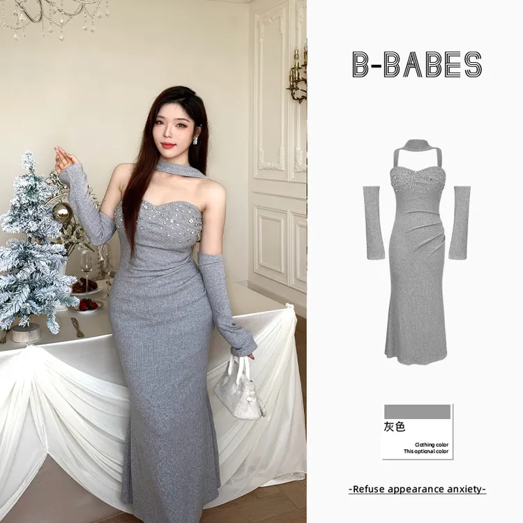B-babes【清冷大小姐】大码镶钻抹胸挂脖针织显瘦包臀连衣裙带袖套