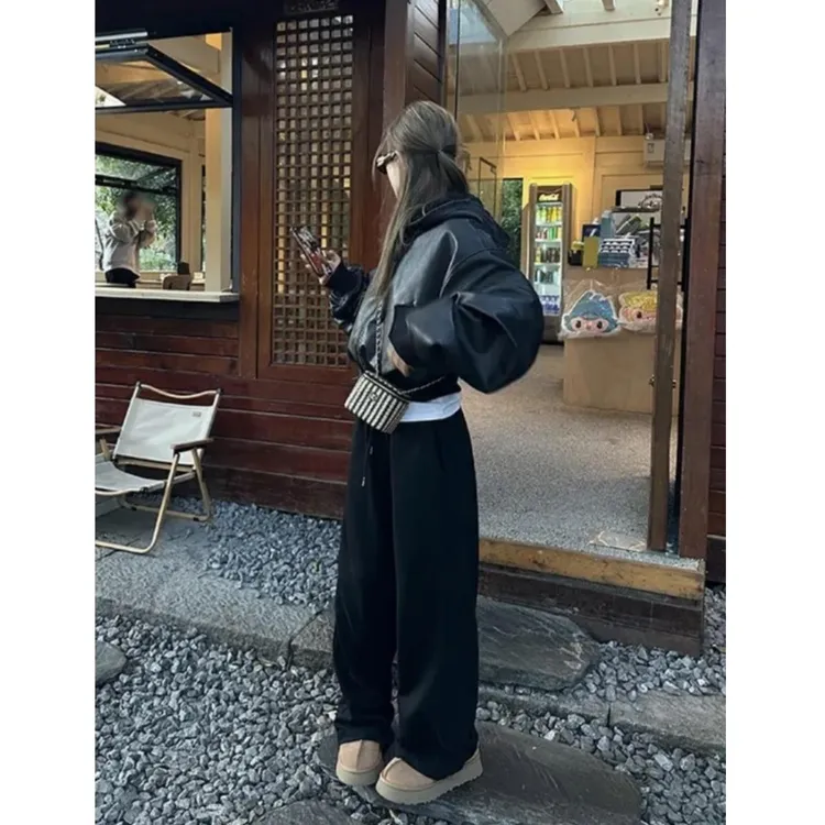 慵懒松弛感阔腿卫裤女春秋新款韩版高腰宽松垂感休闲黑色运动长裤