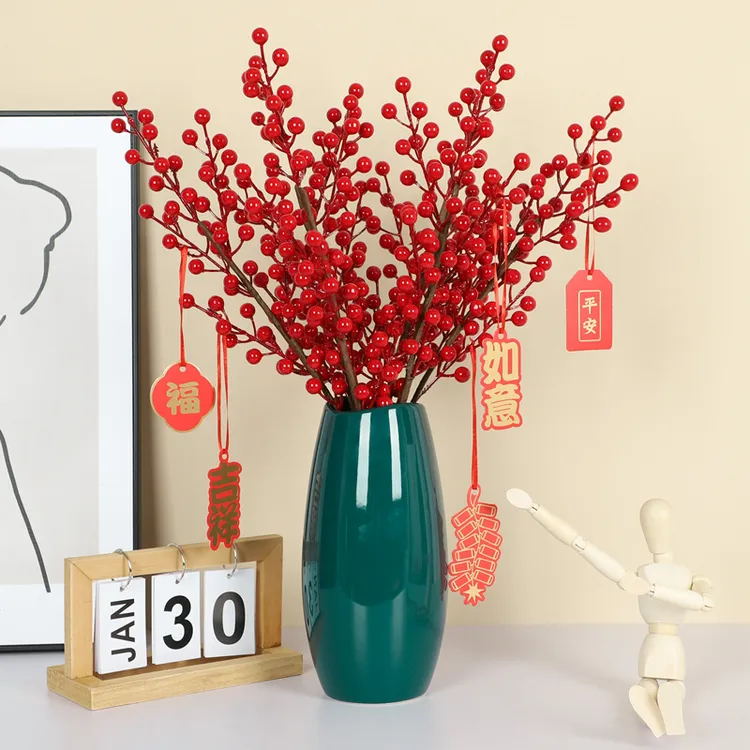 仿真冬青发财果小红果枝假花装饰客厅插花摆设新年春节婚庆装饰品
