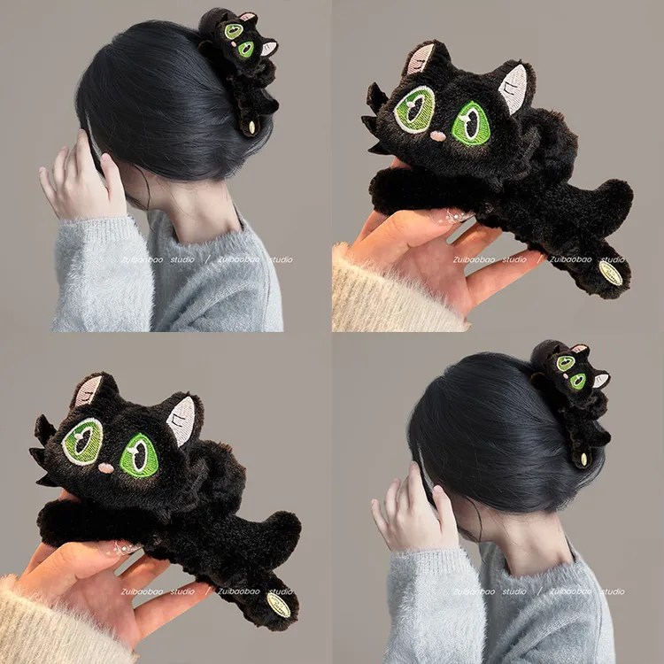 可爱~毛绒绒猫咪抓夹秋冬毛绒绒卡通猫咪发夹子鲨鱼夹盘百搭发器