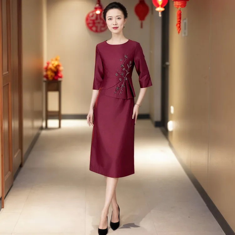 J213春秋新款2025敬酒时尚假两件喜婆婆婚宴礼服连衣裙显瘦减龄