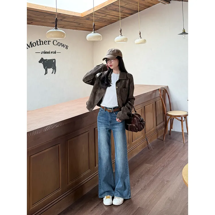 王家有鱼复古深蓝微喇裤女时尚显瘦女裤2025年秋季新款百搭牛仔裤