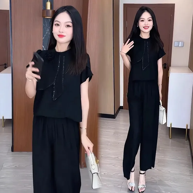 显瘦气质洋气时尚休闲百搭夏季短袖套装黑色减龄宽松