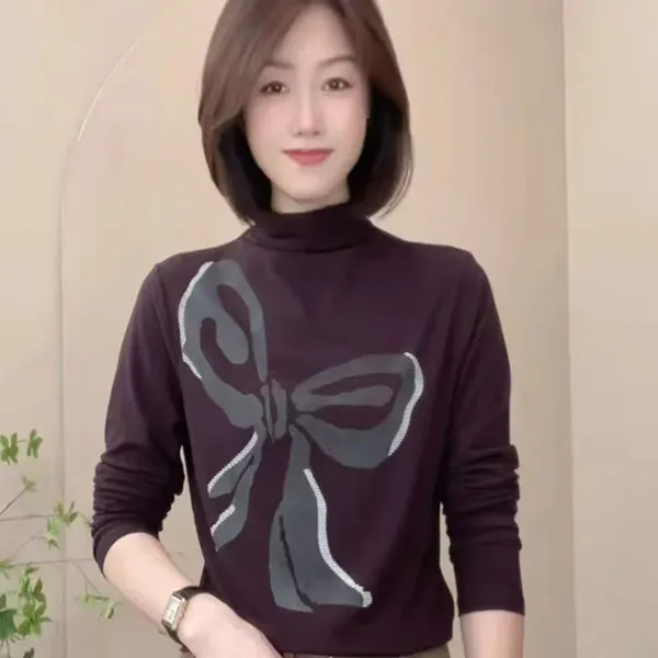 秋季蝴蝶结气质休闲T恤半高领蝴蝶针织显瘦女士印花洋气长袖女125