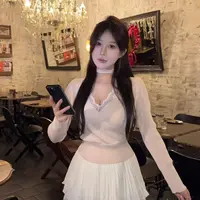 陈江铃小个子自制纯欲芭蕾风蕾丝内搭v领长袖针织衫打底上衣两件