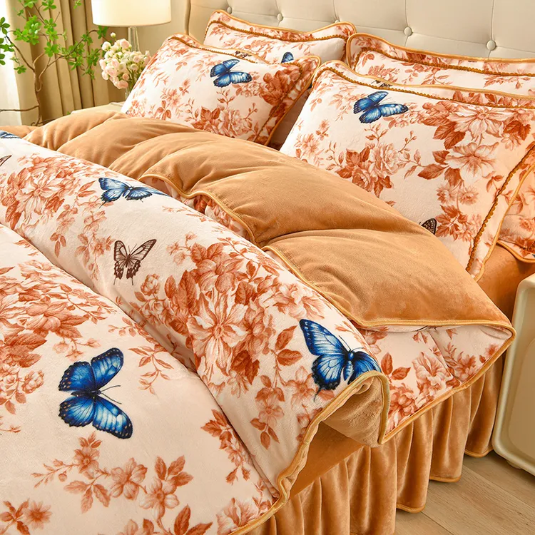 爱哩屋秋冬床裙高克重加厚保暖牛奶绒四件套双面绒活性印染绒被