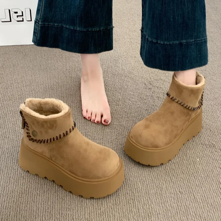 PinkAvril厚底雪地靴女款2025新款冬季防滑保暖鞋皮毛一体加绒