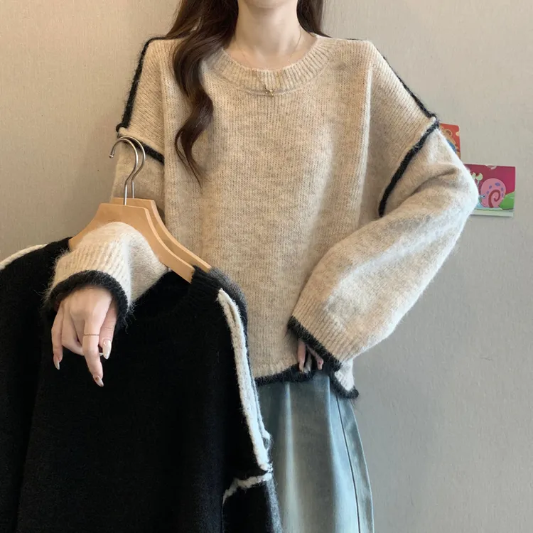 加厚宽松慵懒风撞色灰色长袖毛衣大码女装冬遮肉保暖针织衫上衣