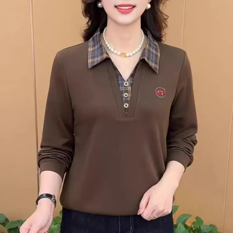 韩版时尚polo领德绒长袖上衣格子拼接打底衫减龄洋气妈妈保暖衫女