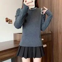 设计感钉珠木耳边半高领针织打底衫女春秋新款休闲百搭叠穿上衣