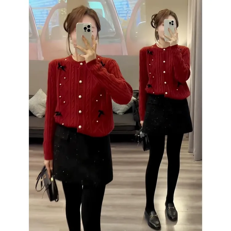 新年战袍红色毛衣连衣裙子2025秋冬季新款女装小个子穿搭两件套装