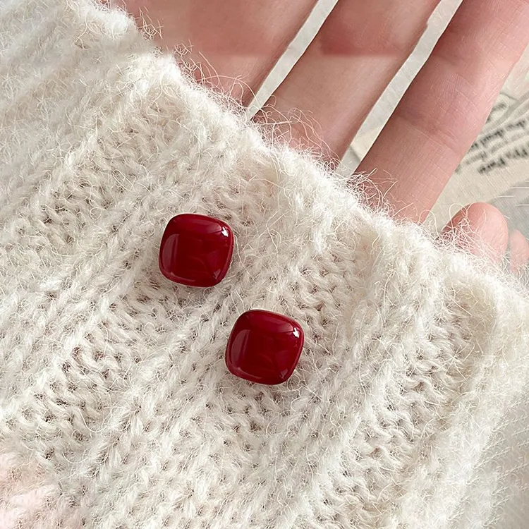 合金耳饰 安可拉红小方糖新款爆款复古耳环红色过年耳饰简约百搭