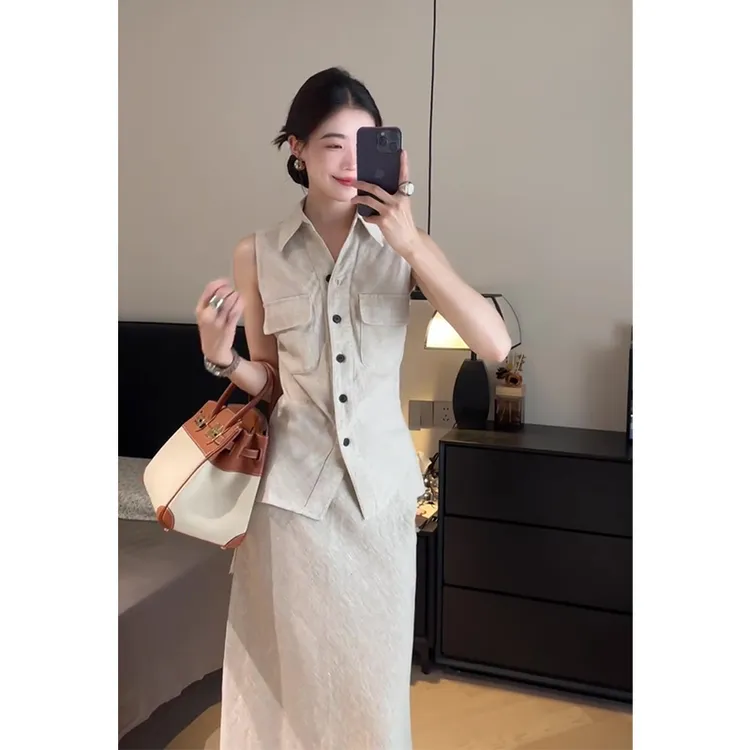 2025夏季新款韩系穿搭翻领无袖修身马甲上衣气质高腰显瘦半身裙