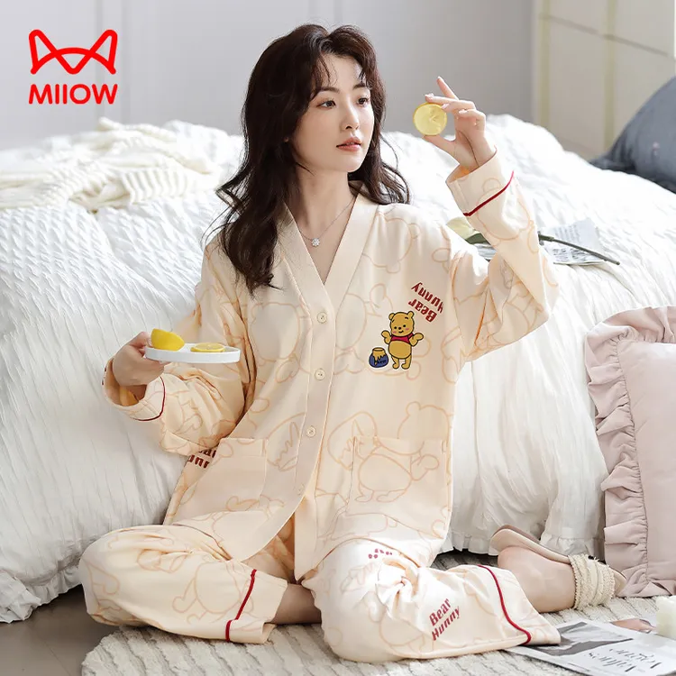 猫人经典睡衣女士春秋季长袖开衫纯棉学生维尼ins风秋冬款家居服