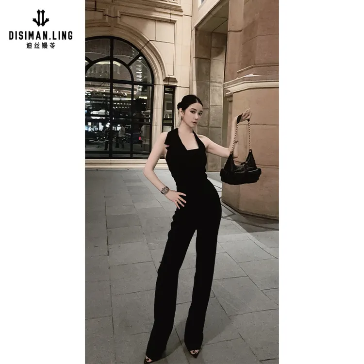 迪丝嫚苓黑色时尚连体裤显瘦气质直筒轻奢百搭阔腿修身原创设计师